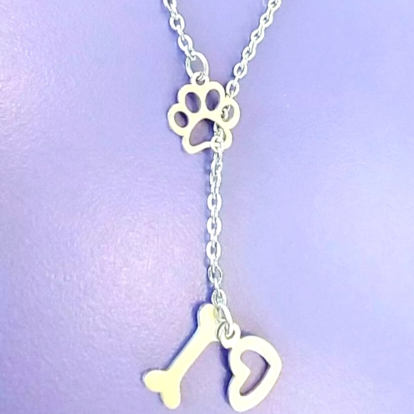 Paw Print Pet Love Dangle Drop Dog Bone Charm Heart Pendant SS Silver Necklace - Picture 2 of 3